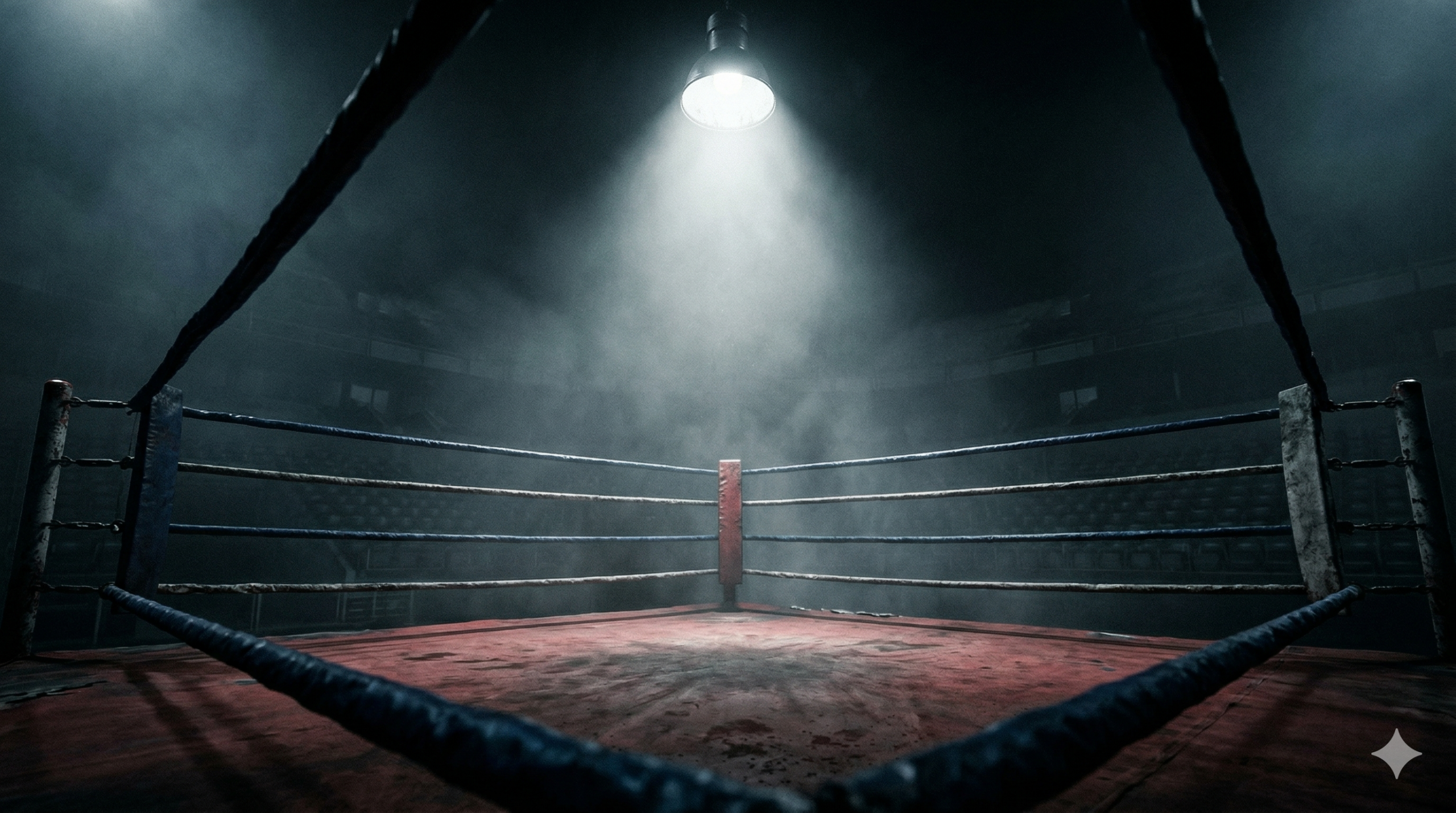 의미 치료를 상징하는 어두운 경기장 속 고독하게 빛나는 복싱 링과 사유의 공간